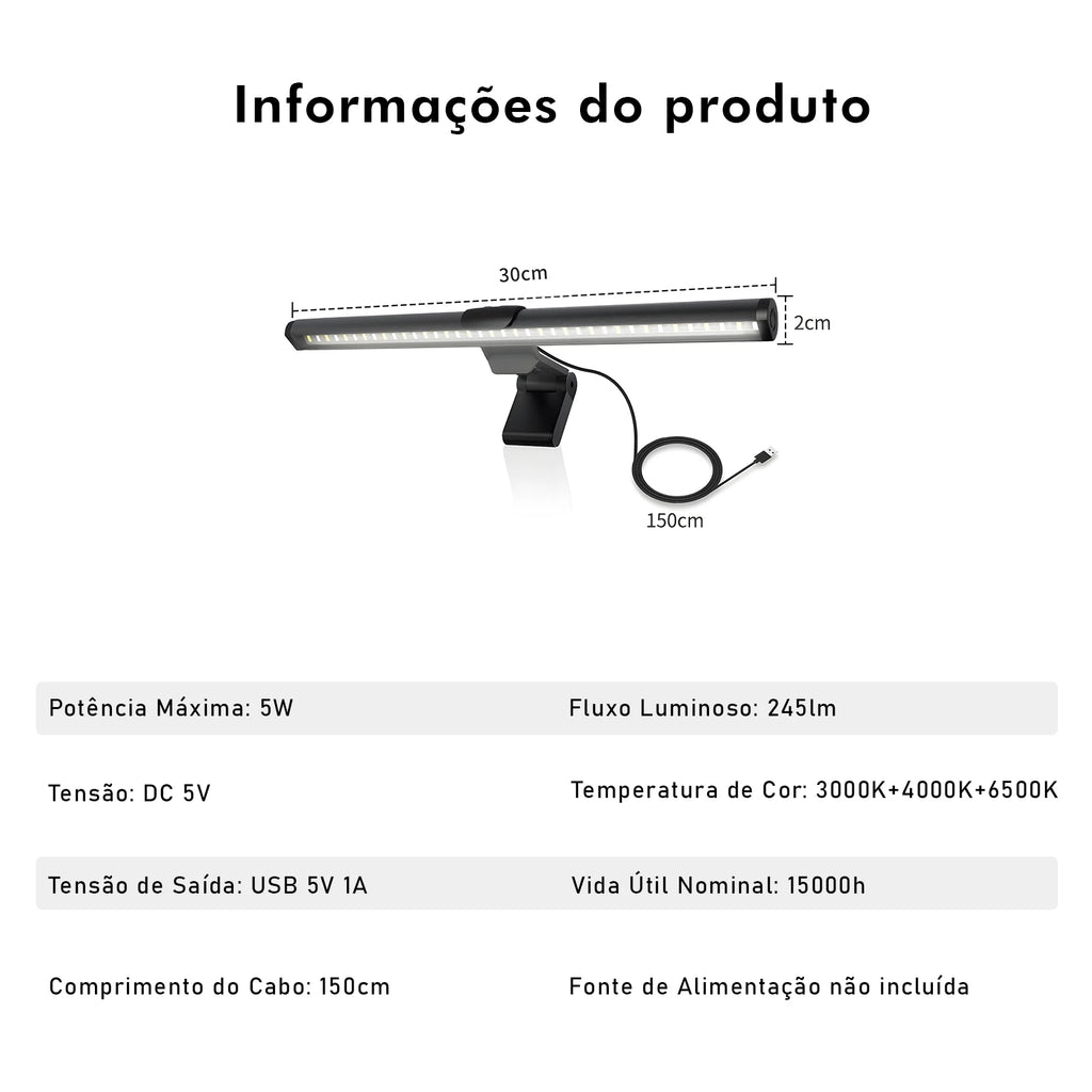 Barra de Luz LED para Monitor 5W 245lm – 3 Temperaturas de Cor 3000K/4000K/6500K