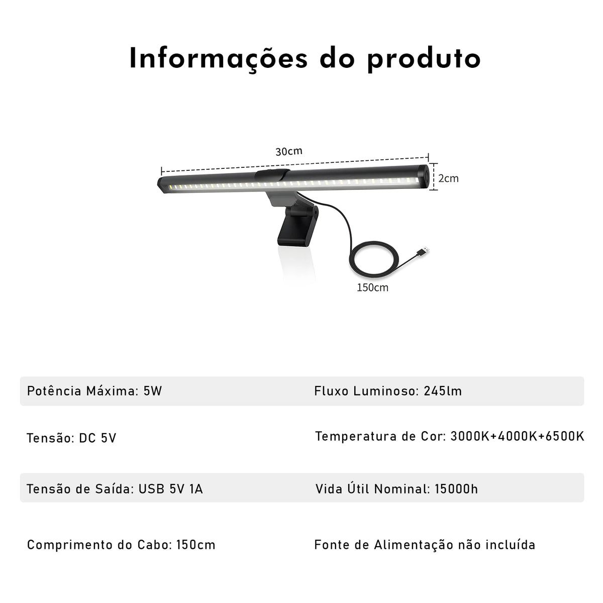 Barra de Luz LED para Monitor 5W 245lm – 3 Temperaturas de Cor 3000K/4000K/6500K