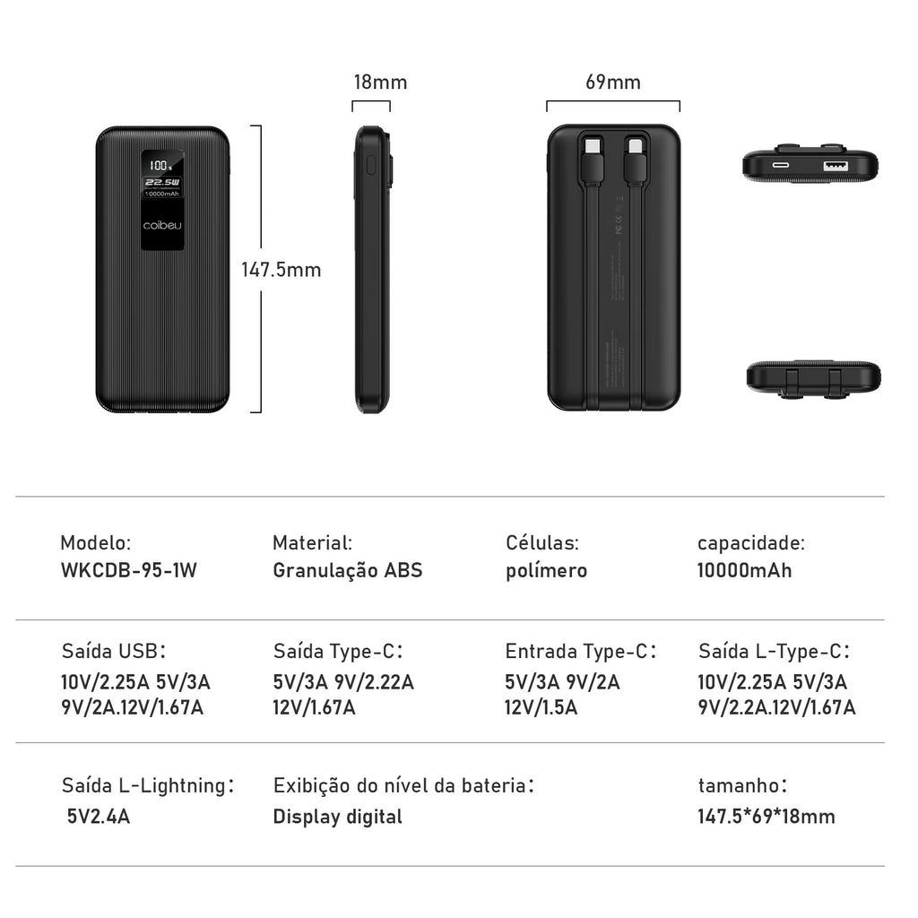 Power Bank 10.000mAh 23W – Carregador Portátil, Bateria Externa Recarregável para Celular e Dispositivos
