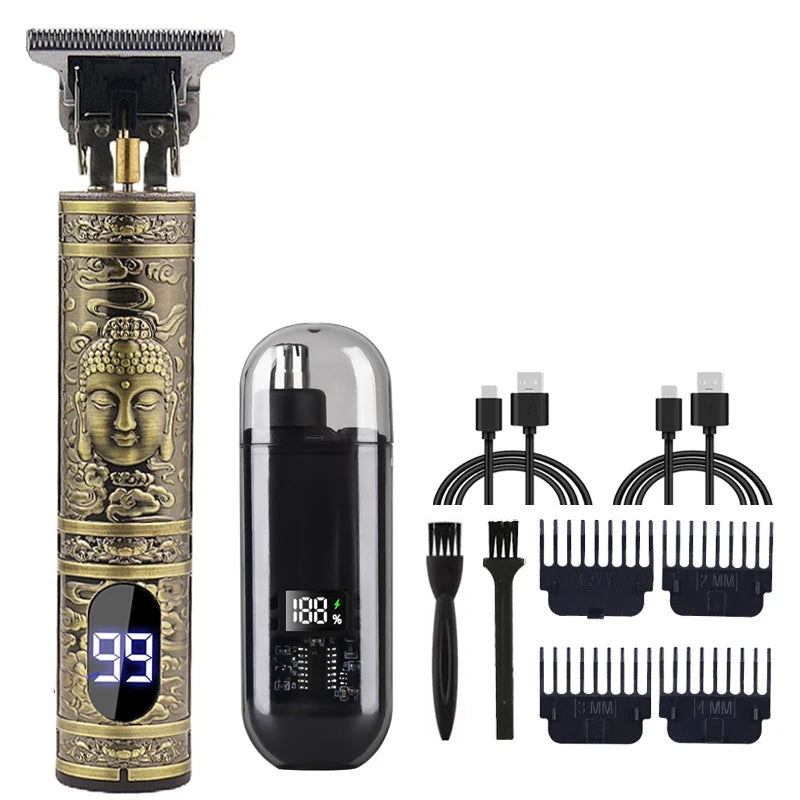 Máquina de Cortar Cabelo T9 Vintage – Aparador de Barba Recarregável com Kit para Pelos do Nariz