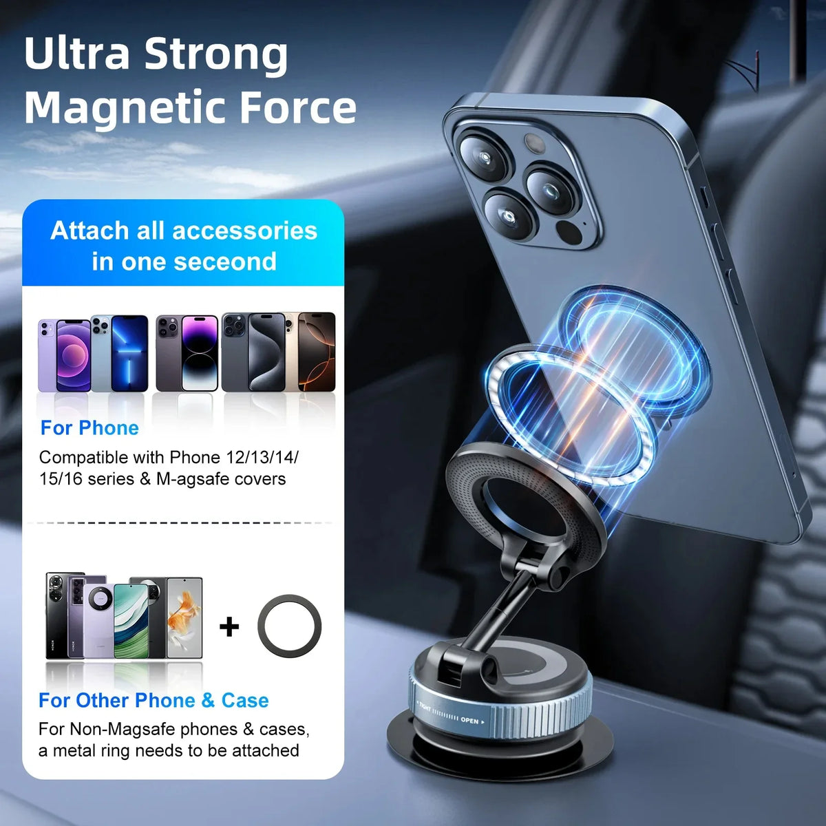 Suporte Magnético com Ventosa a Vácuo 360° – Compatível com MagSafe