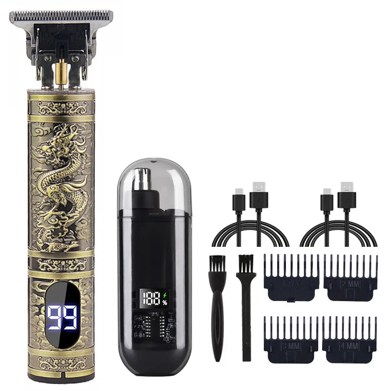 Máquina de Cortar Cabelo T9 Vintage – Aparador de Barba Recarregável com Kit para Pelos do Nariz